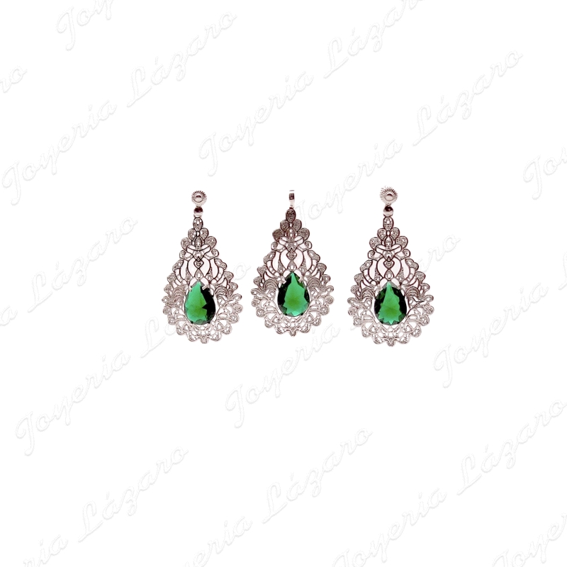 COLGANTE GR. PLATA CHAPADA PLATINO FILIGRANA  CIRCO VERDE PERA