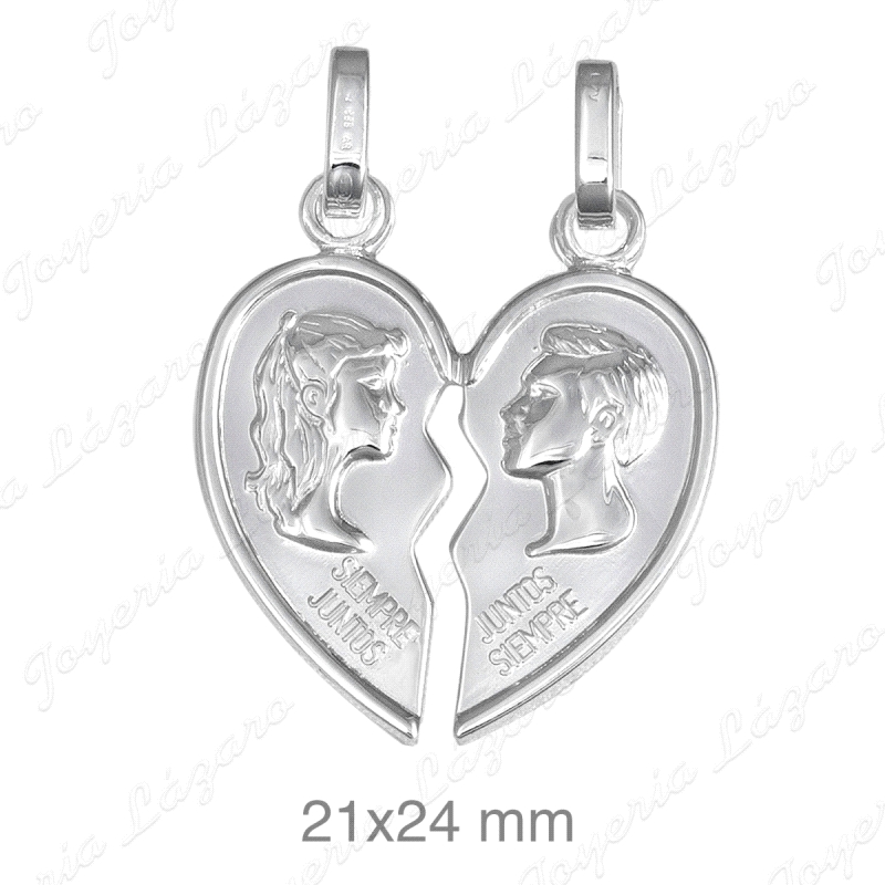 COLGANTE PLATA CORAZON PARTIDO SILUETA ROSTROS GRANDE
