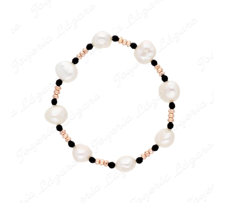 PULSERA BISUTERIA PERLAS NATURAL + PIEDRA NEGRA+PIEDRA DORADA