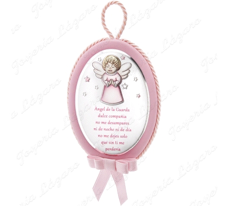 MEDALLON 8,5X12CM CON APLIQUE EN PLATA LAMINADA MUSICAL ROSA