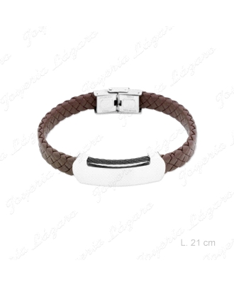 PULSERA ACERO PIEL MARRON PLACA