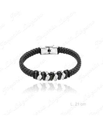 PULSERA ACERO CUERO TRENZADO DISEÑO NEGRA