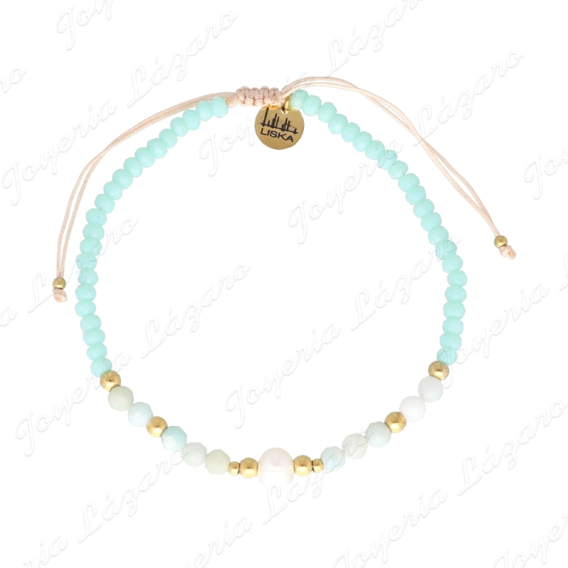 PULSERA ACERO DORADO PERLAS+PIEDRAS NATURALES