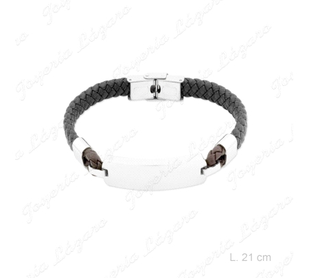 PULSERA ACERO CUERO TRENZADO + PLACA