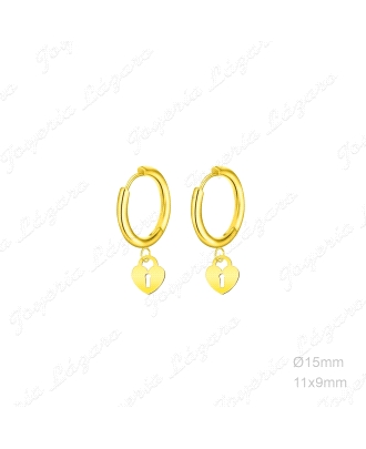 PEND. AROS ACERO DORADO CORAZON CANDADO COLGANDO