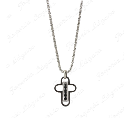 COLLAR ACERO COLGANTE CRUZ  BANDA VERTICAL CIRCOS NEGRAS