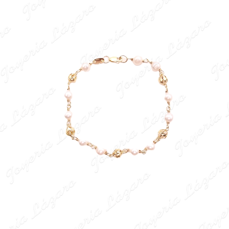 PULSERA ORO 18KT NIÑA SEMINUEVA PERLAS 5MM+BOLITAS JAULAS