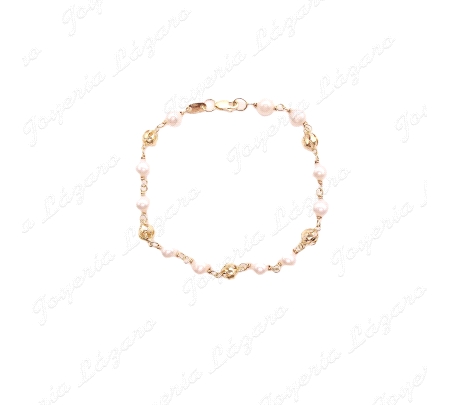 PULSERA ORO 18KT NIÑA SEMINUEVA PERLAS 5MM+BOLITAS JAULAS
