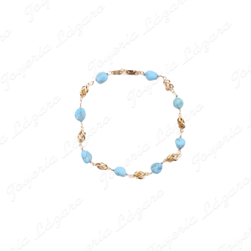 PULSERA ORO 18KT OCASION PIEDRAS TURQUESAS NATURALES +JAULAS +CADENA S