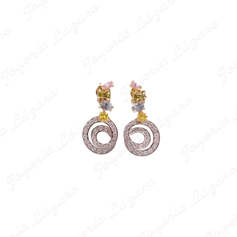 PEND. LARGOS ORO 18KT SEMINUEVOS  BICOLOR3 CIRCOS MULTICOLOR+ESPIRAL B