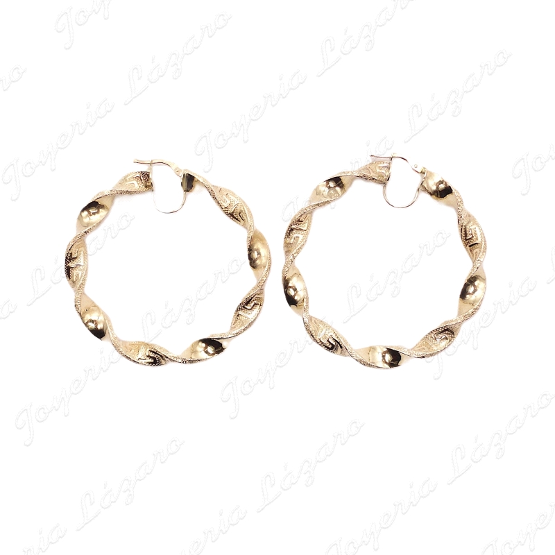 PEND. AROS ORO 18KT SEMINUEVOS 6X43MM INT RIZADOS GRECA+FILO PUNTEADO