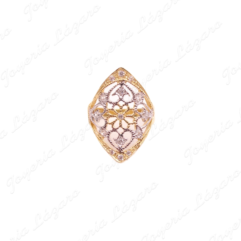 SORTIJA ORO 18 KTS LANZADERA BICOLOR CALADA MICROCIRCONITAS