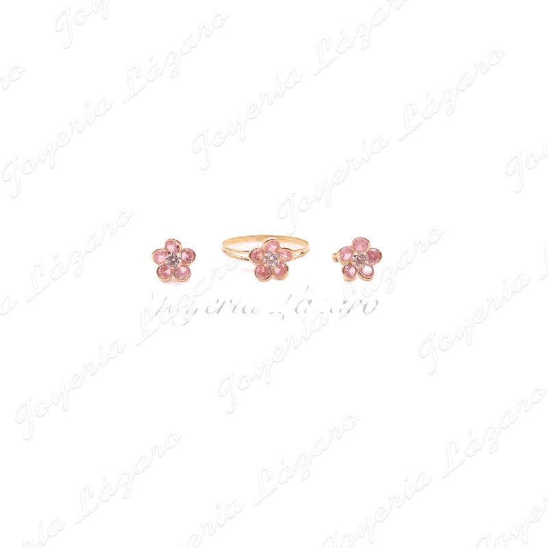 SORTIJA ORO 18 KTS FLOR CIRCONITAS ROSA  BOCELADAS A JUEGO SOR                                      