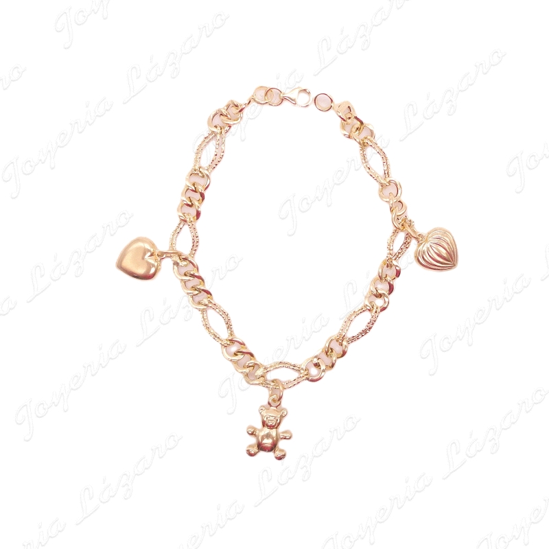 PULSERA ORO 18 KTS FETICHES 2 CORAZONES+ OSITO DISEÑO ITALIANO