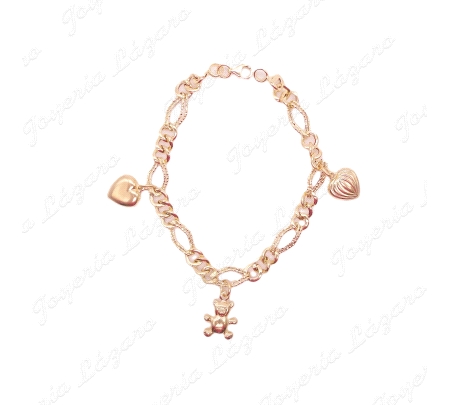 PULSERA ORO 18 KTS FETICHES 2 CORAZONES+ OSITO DISEÑO ITALIANO