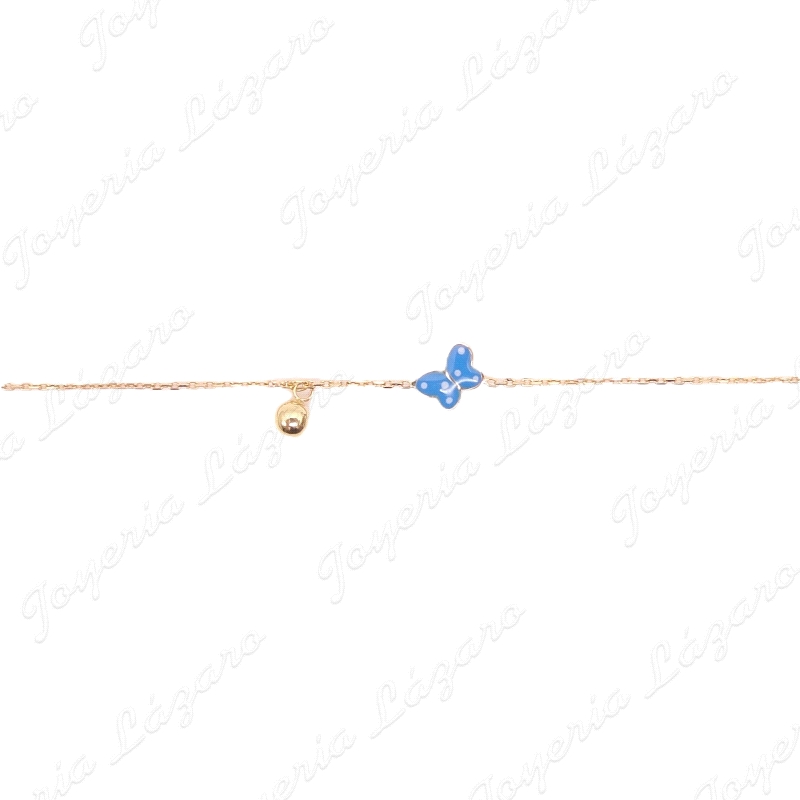 PULSERA ORO 18 KTS BEBE 2 POSTURAS, MARIPOSA ESMALTE AZUL+BOLITA