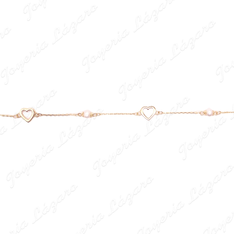 PULSERA ORO 18 KTS 2 CORAZONES CALADOS + 2 PERLAS