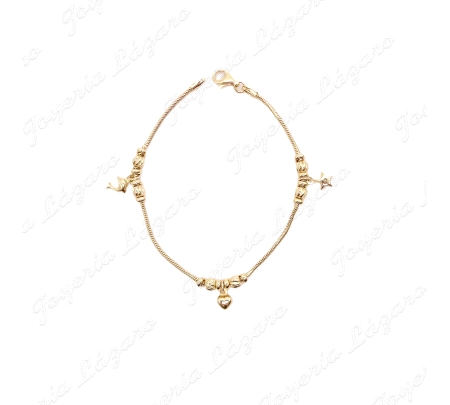 PULSERA ORO 18 KTS COLA RATON, BOLITAS +DELFIN, CORAZON Y ESTRELLA