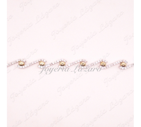 PULSERA 18KTS BICOLOR CIRCONITAS EN ONDAS+BOTONES