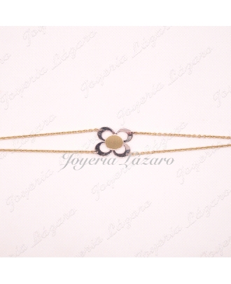 PULSERA ORO SRA.18KTS BICOLOR,CADENA DOBLE,FLOR 4 PETALOS