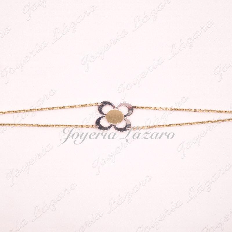 PULSERA ORO SRA.18KTS BICOLOR,CADENA DOBLE,FLOR 4 PETALOS