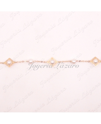 PULSERA ORO 18KTS PERLAS + JAULA CUADRADO