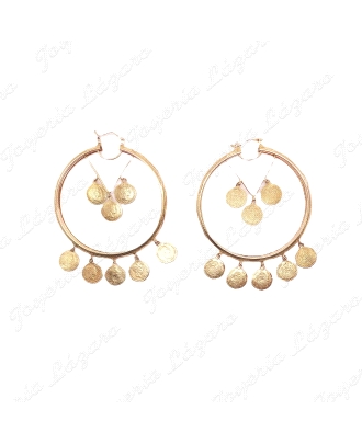 PENDIENTES 18KTS  AROS 1/2 CAÑA, 3 MONEDAS INT.+5 EXTERIORES