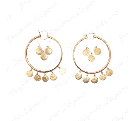 PENDIENTES 18KTS AROS 1/2 CAÑA, 3 MONEDAS INT.+5 EXTERIORES