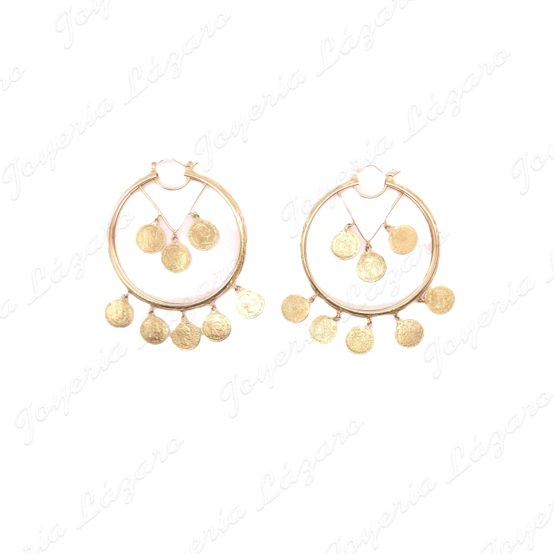 PENDIENTES 18KTS AROS 1/2 CAÑA 3 MONEDAS INTERIOR+5MONEDAS EN FILO EXT