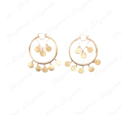 PENDIENTES 18KTS AROS 1/2 CAÑA 3 MONEDAS INTERIOR+5MONEDAS EN FILO EXT