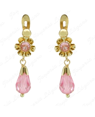 PEND. LARGOS ORO 18 KTS 20MM ARQUILLO+ CHUPON CRISTAL ROSA