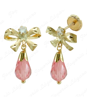 PEND. LARGOS ORO 18 KTS CIRCO, LAZO 2.5MM PERITA CRISTAL ROSA 7X5mm