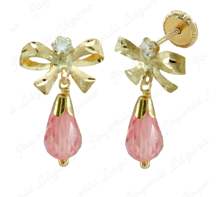 PEND. LARGOS ORO 18 KTS CIRCO, LAZO 2.5MM PERITA CRISTAL ROSA 7X5mm