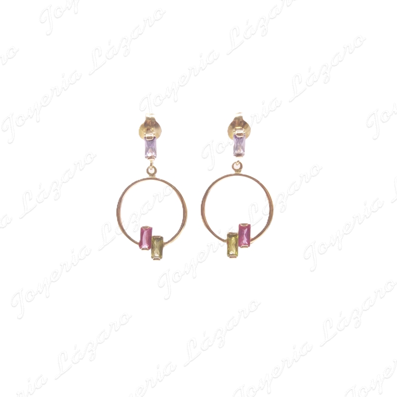 PEND. LARGOS ORO 18 KTS ARO EN PLANO CON DOS CIRCO BAG.ROSA Y AMARILLO