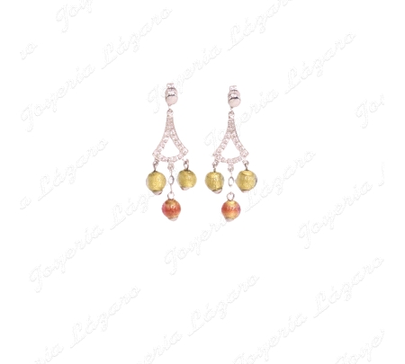 PEND. 18KTS LAR. TRAPECIO CIRCO + 3 BOLAS CRISTAL