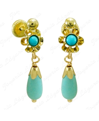 ORO 18 KTS PENDIENTES SIMIL TURQUESA 20mm ARQUILLO Y CHUPON C. TORN.