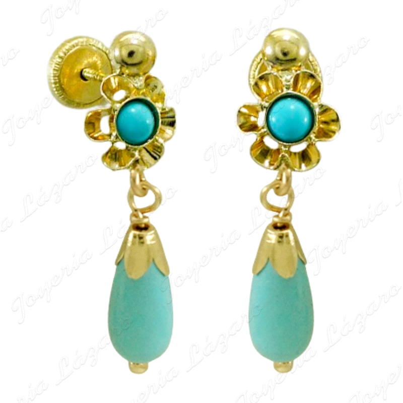 ORO 18 KTS PENDIENTES SIMIL TURQUESA 20mm ARQUILLO Y CHUPON C. TORN.