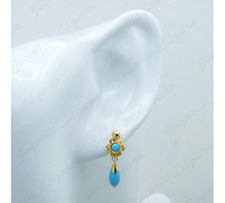 ORO 18 KTS PENDIENTES SIMIL TURQUESA 20mm ARQUILLO Y CHUPON C. TORN.