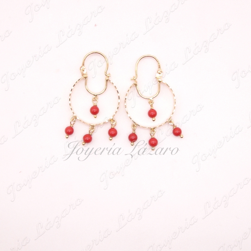 PENDIENTES AROS GITANILLAS CON BOLAS DE CORAL COLGANDO