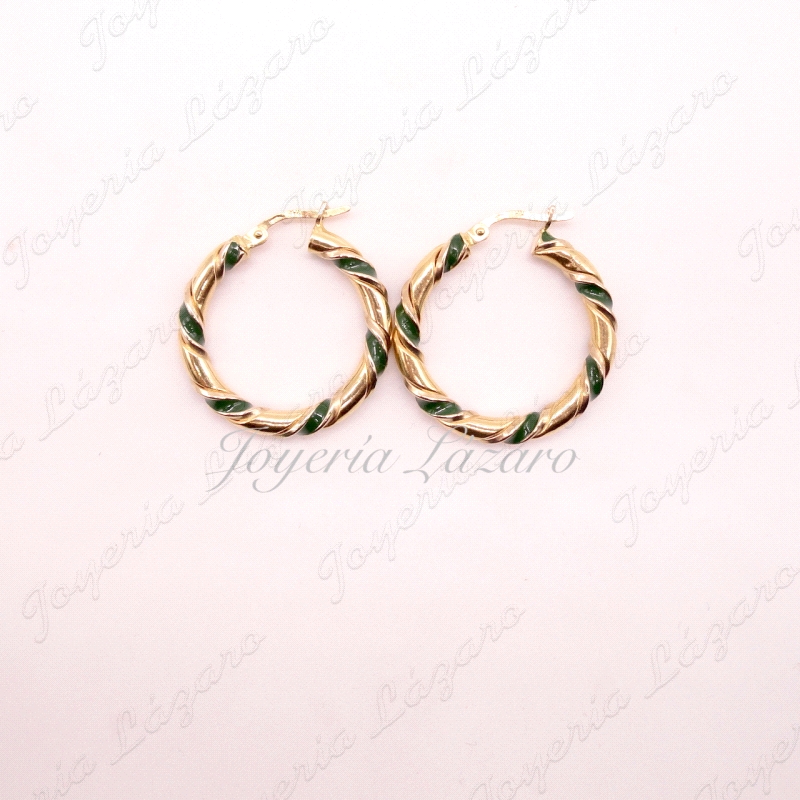 PEND. 18KTS AROS RIZADOS ESMALTE VERDE