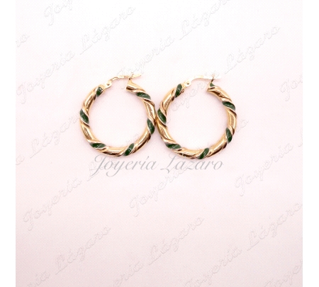 PEND. 18KTS AROS RIZADOS ESMALTE VERDE