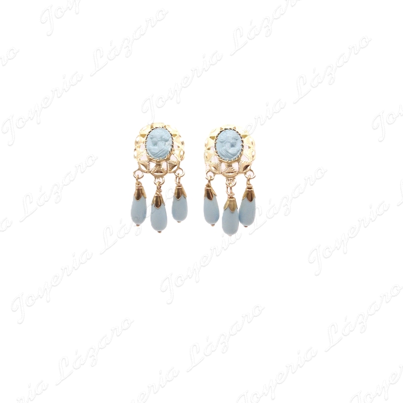 PEND. ORO 18 KTS 23MM CARITA TURQUESA +3 BOLITAS COLGANDO CIERRE CATAL