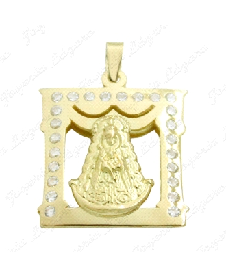 MEDALLA ORO 18 KTS VIRGEN DEL ROCIO CUADRADA CIRCO EN MARCO 18X16mm
