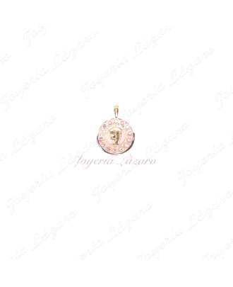 MEDALLA ORO 18 KTS  VIRGEN NIÑA 18MM CIRCO. ROSA CALADA