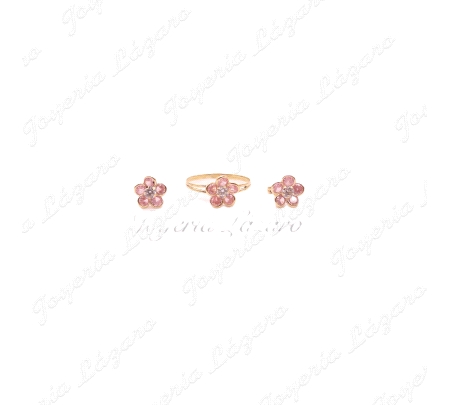 JUEGOS ORO 18 KTS SORT+PEND. FLOR CIRCONITAS ROSA PRESION