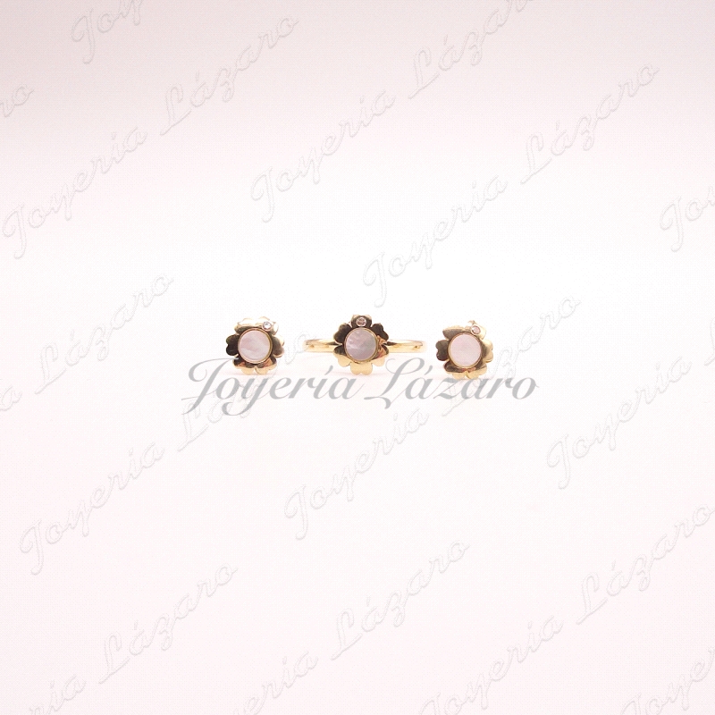 ORO 18 KTS JUEGO COMUNION FLOR NACAR PRES.