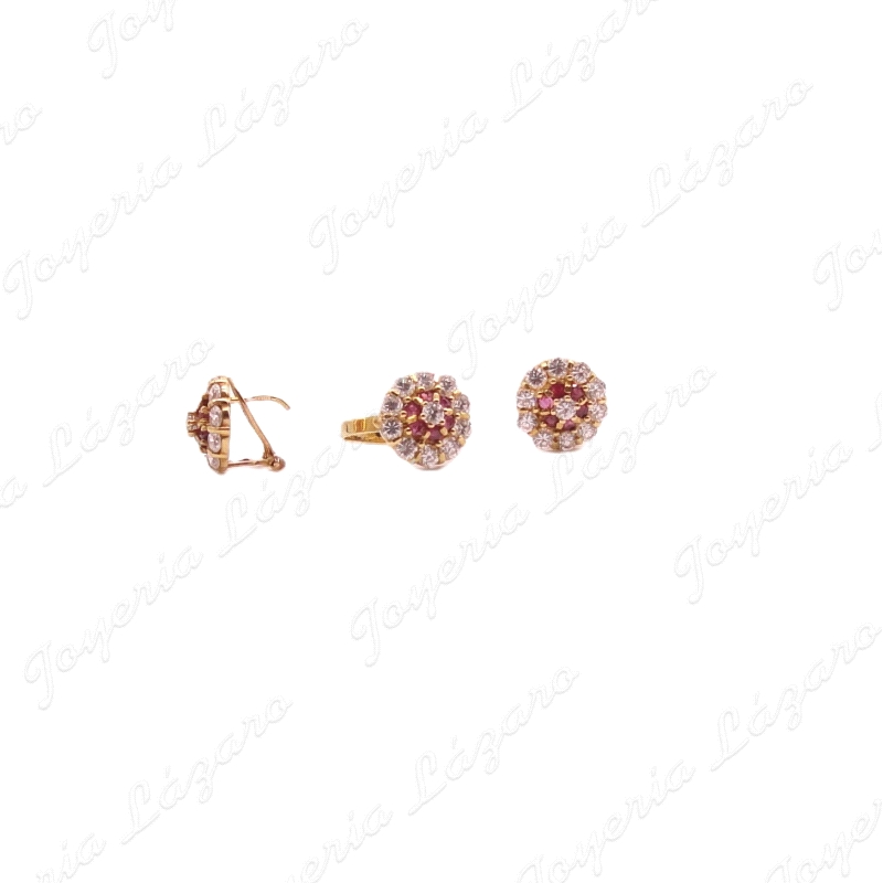 JUEGO 18KTS PEND.+SORT. ROSETON CIRCO CENTRO RUBI ENGASTE, C. OMEGA