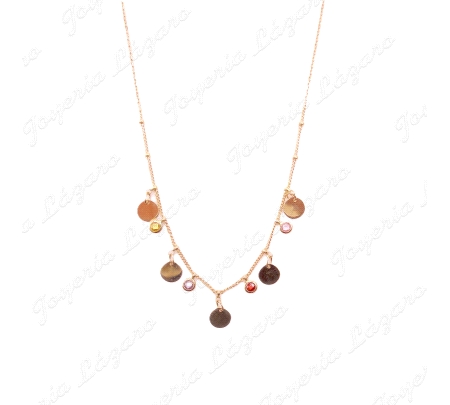 GARGANTILLA ORO 18 KTS 44+3 CM MOTIVOS,CIRCULOS + PIEDRAS COLOR