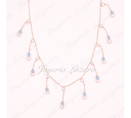 ORO 18 KTS GARGANTILLA PERLAS + CRISTAL CELESTE