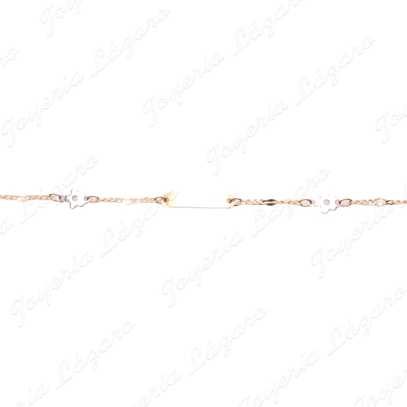 ESCLAVA BEBE ORO 18 KTS BICOLOR FLORES EN CADENA PLACA BRILLO